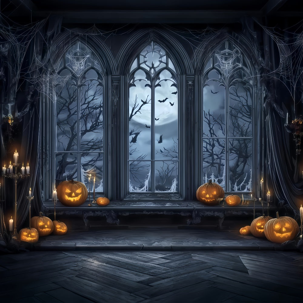 Fond chauve-souris d'Halloween Fenêtre gothique Citrouilles au clair de lune Fond photographique d'Halloween TWW510-9