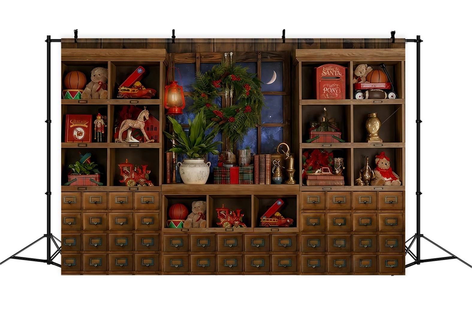 Fond boutique de jouets du Père Noël Étagère à jouets Fenêtre au clair de lune Fond photo de Noël TWW510-98