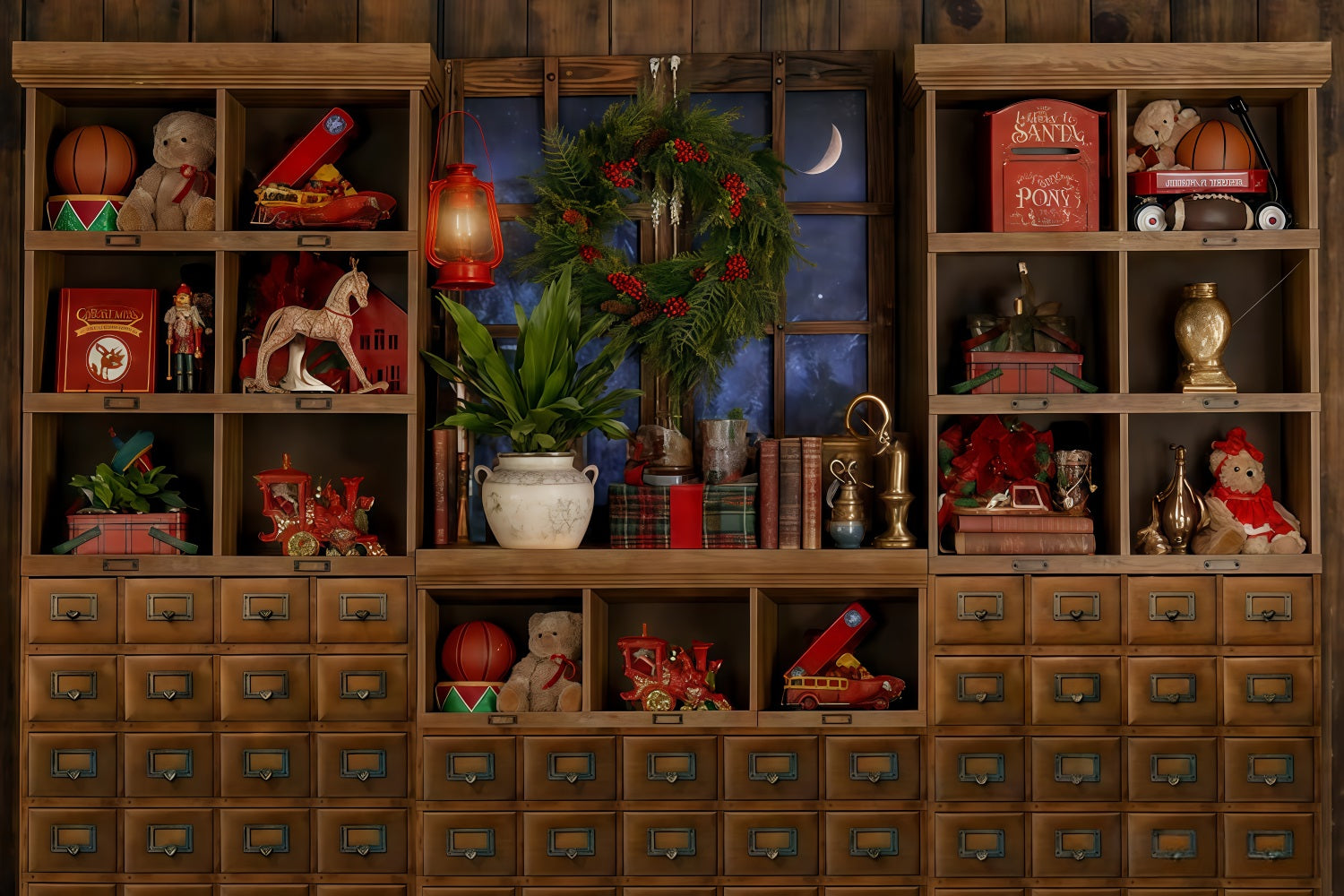 Fond boutique de jouets du Père Noël Étagère à jouets Fenêtre au clair de lune Fond photo de Noël TWW510-98