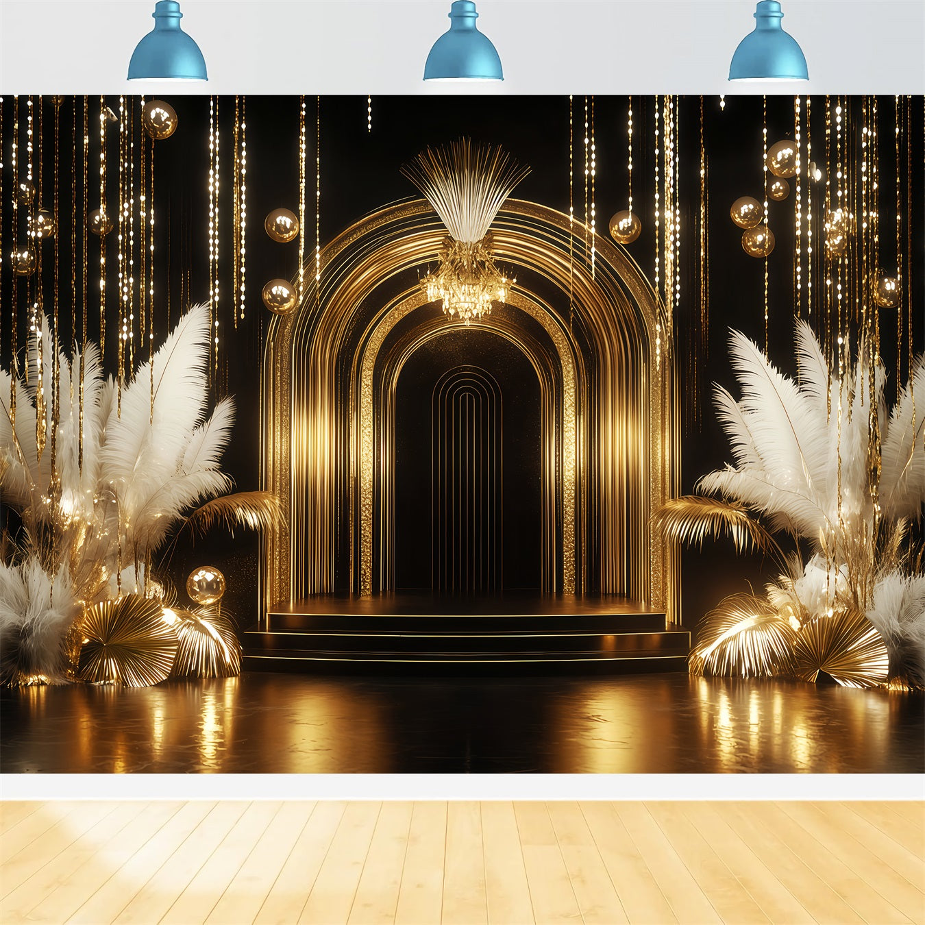 Fond pour le Nouvel An Arche dorée luxueuse Plumes Bannière « Bonne année » TWW512-12
