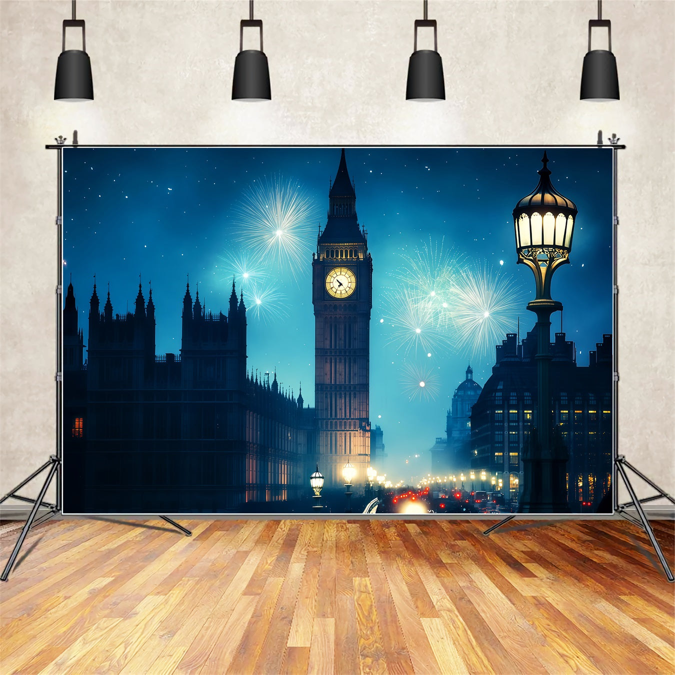 Fonds pour le Nouvel An avec tour de l'horloge de Londres et feux d'artifice, fond urbain nocturne TWW512-15