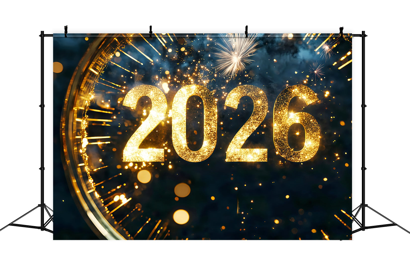 Fond pour le Nouvel An 2026 avec compte à rebours scintillant, étincelles et horloge TWW512-16