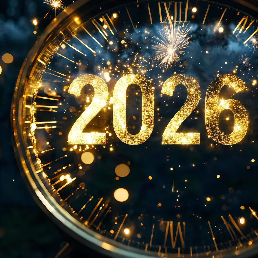 Fond pour le Nouvel An 2026 avec compte à rebours scintillant, étincelles et horloge TWW512-16
