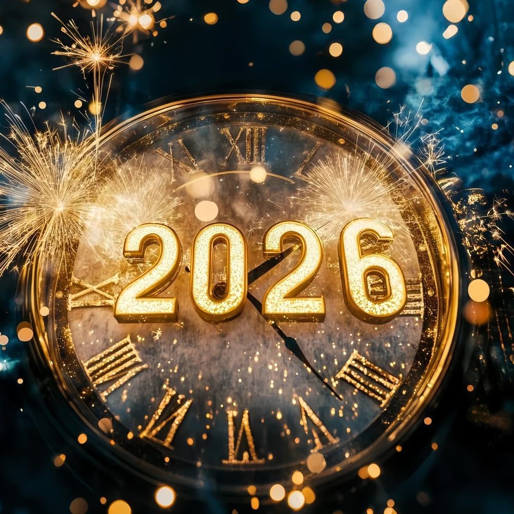 Toile de fond pour le Nouvel An 2026 Feux d'artifice dorés Bokeh Horloge de compte à rebours Toile de fond pour photos TWW512-2