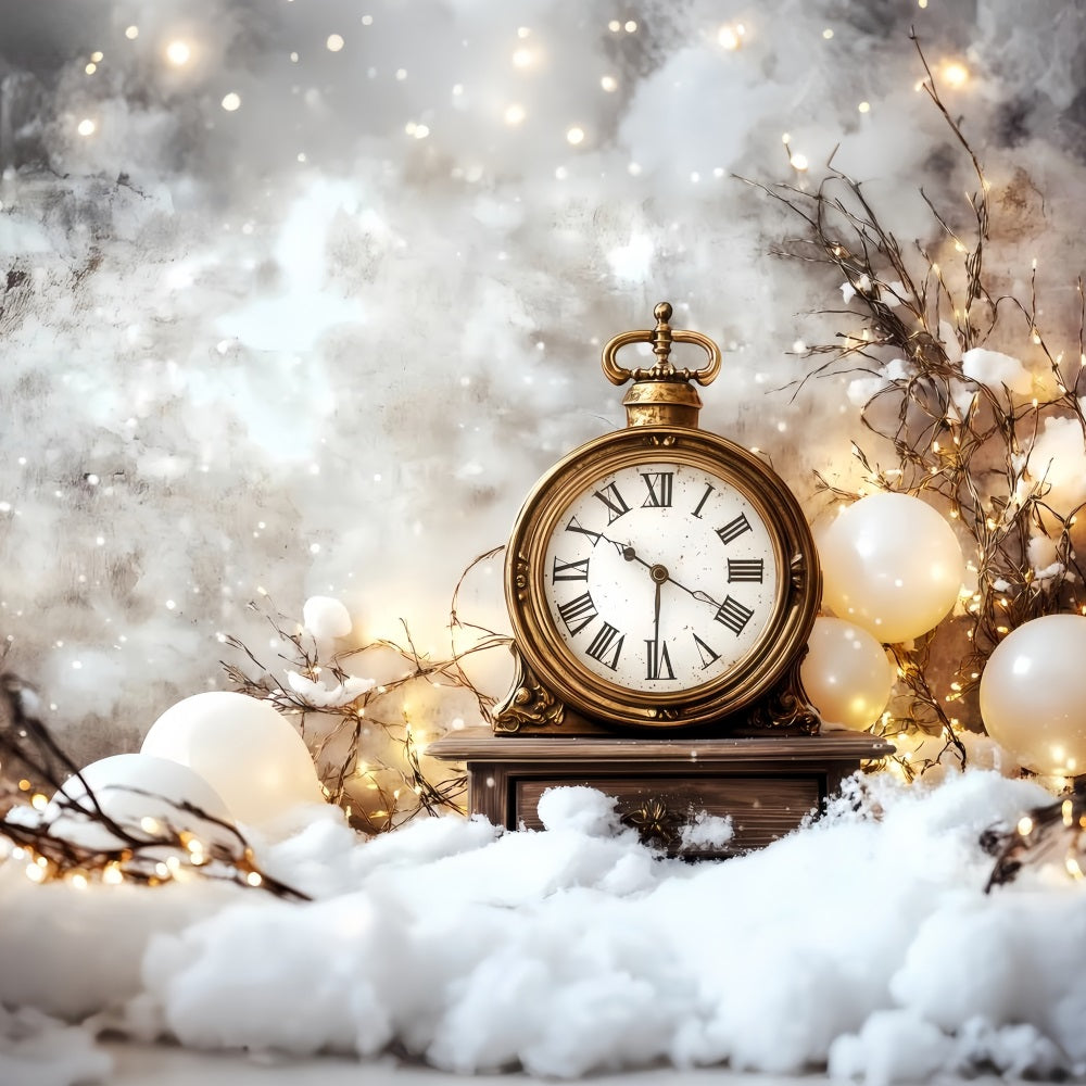 Fond pour le Nouvel An Compte à rebours enneigé Fond photo avec horloge dorée scintillante TWW512-21