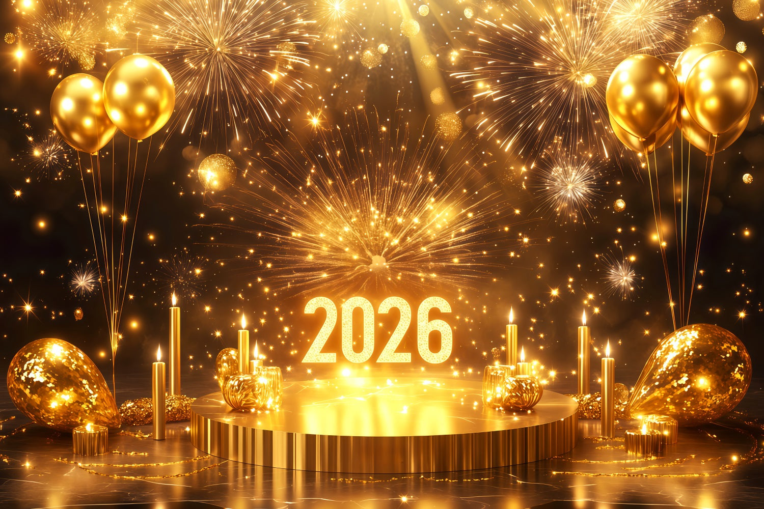 Toile de fond pour le Nouvel An 2026 Ballons de scène Feux d'artifice étincelants Toile de fond pailletée dorée TWW512-23