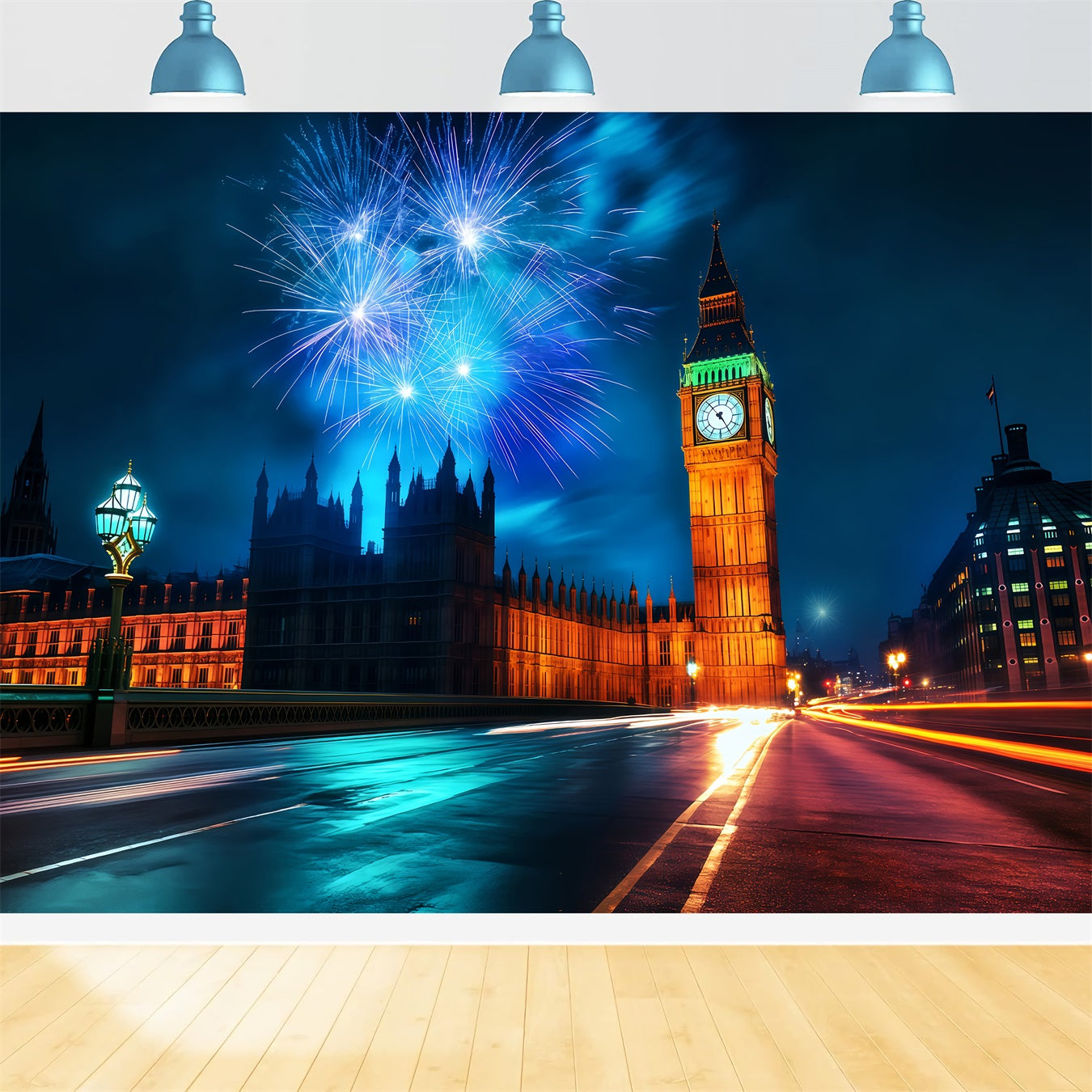 Toile de fond pour le Nouvel An Skyline de Londres Feux d'artifice de minuit Paysage urbain Toile de fond photo TWW512-24