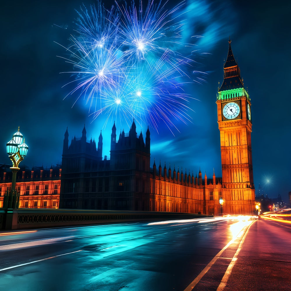 Toile de fond pour le Nouvel An Skyline de Londres Feux d'artifice de minuit Paysage urbain Toile de fond photo TWW512-24
