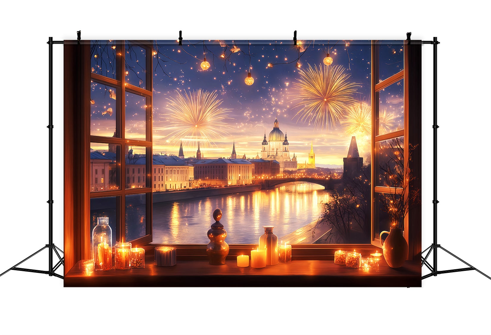 Fond photo pour le Nouvel An Fenêtre Feux d'artifice Lumières de la ville Fond photo TWW512-3