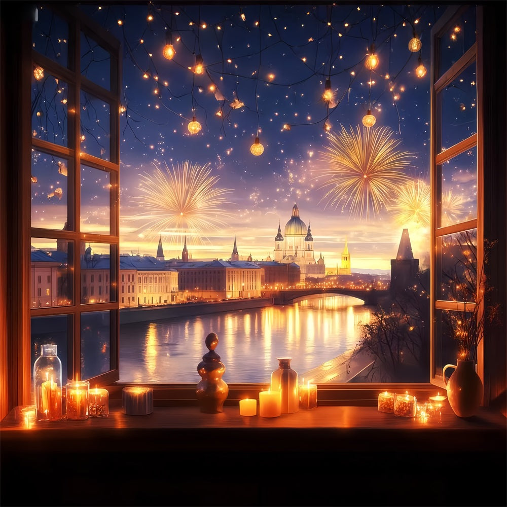 Fond photo pour le Nouvel An Fenêtre Feux d'artifice Lumières de la ville Fond photo TWW512-3