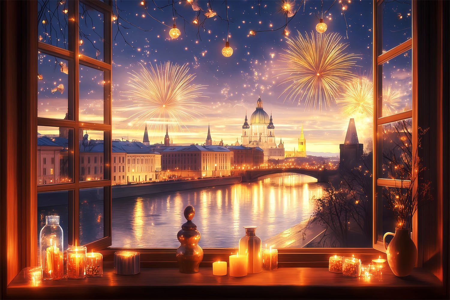 Fond photo pour le Nouvel An Fenêtre Feux d'artifice Lumières de la ville Fond photo TWW512-3