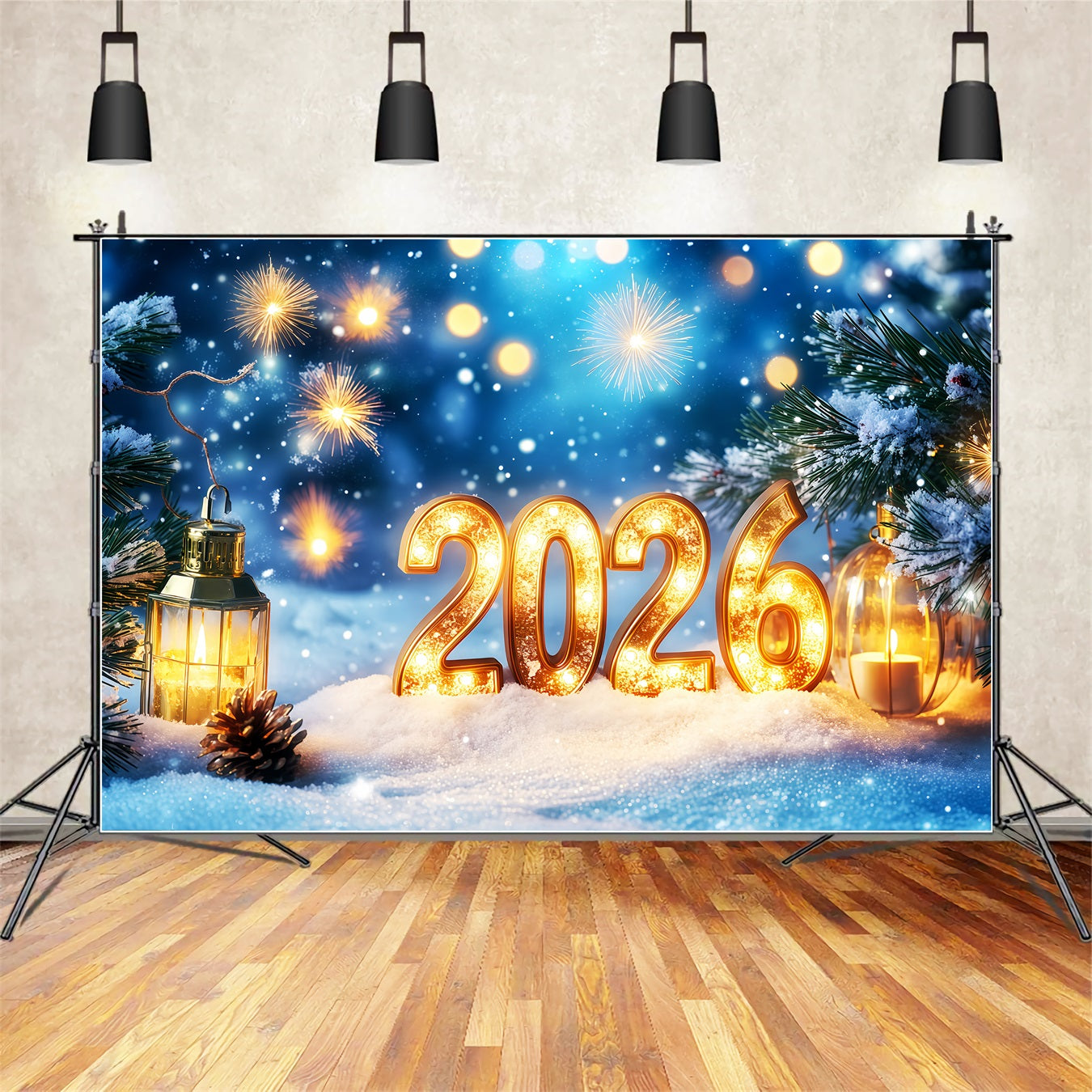 Fond pour le Nouvel An 2026 Pins enneigés Feux d'artifice bokeh Fond pour le réveillon du Nouvel An TWW512-31