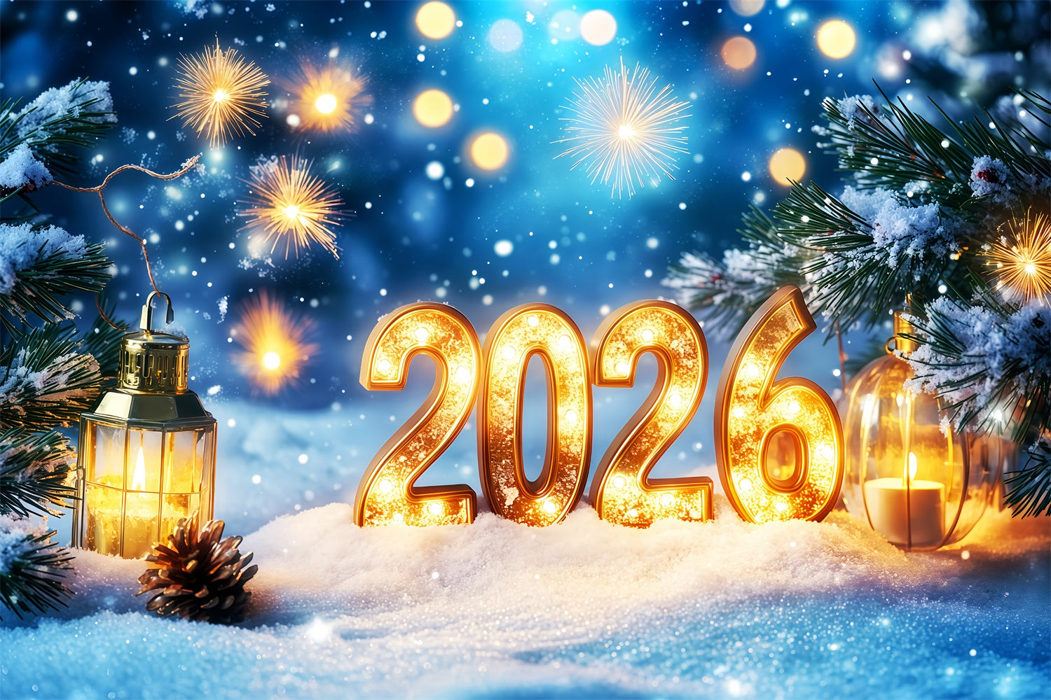 Fond pour le Nouvel An 2026 Pins enneigés Feux d'artifice bokeh Fond pour le réveillon du Nouvel An TWW512-31
