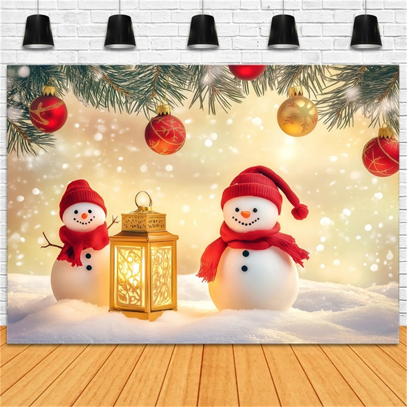 Fond pour le Nouvel An Bonhommes de neige mignons Lanternes lumineuses Fond pour le Nouvel An TWW512-5