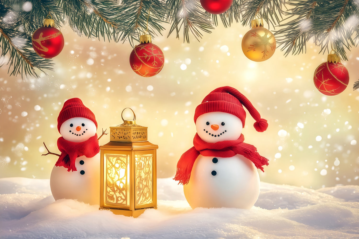 Fond pour le Nouvel An Bonhommes de neige mignons Lanternes lumineuses Fond pour le Nouvel An TWW512-5