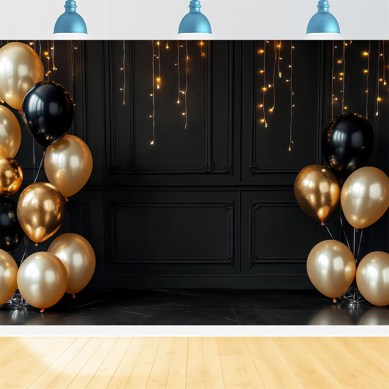 Idées de fonds pour le Nouvel An Élégant fond noir et doré avec des ballons scintillants TWW512-8