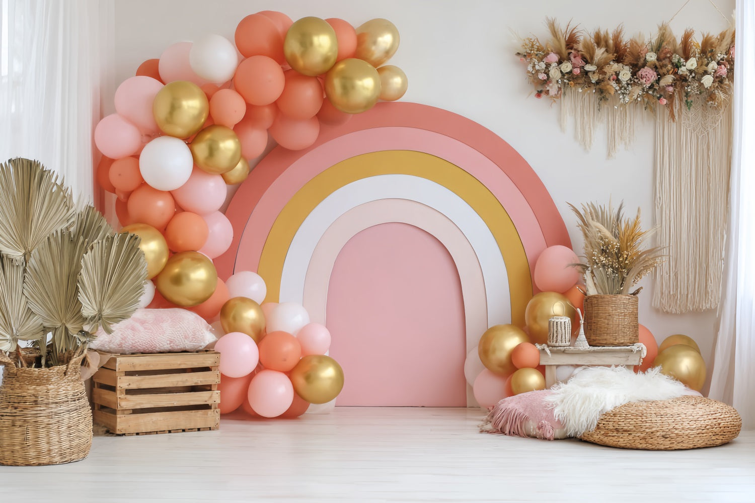 Fonds pour cake smash Décoration avec ballons arc-en-ciel dorés Fonds pour photographie de gâteaux TWW59-211