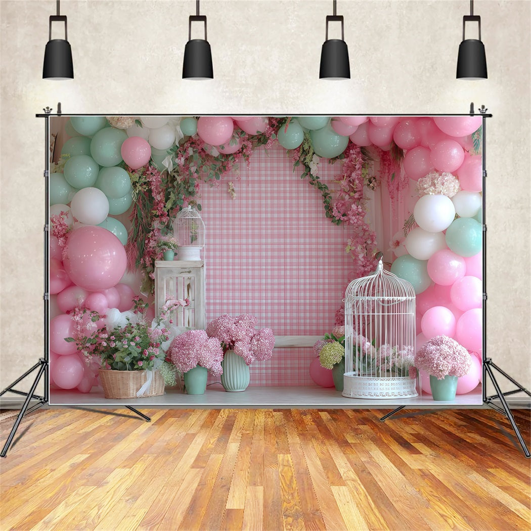 Fond pour cake smash jardin pastel ballons fleuris anniversaire TWW59-232