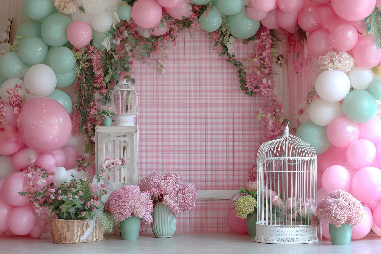 Fond pour cake smash jardin pastel ballons fleuris anniversaire TWW59-232