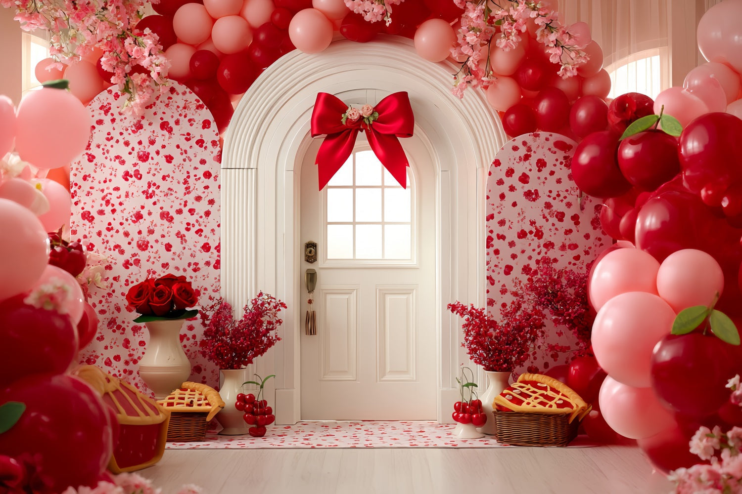 Fond pour cake smash Fond photo d'anniversaire avec porte fleurie et cerisiers en fleurs TWW59-234