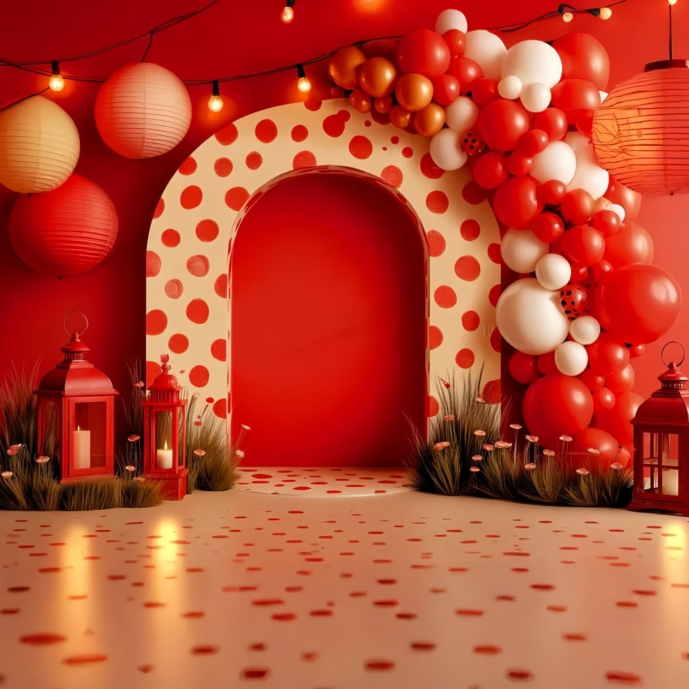 Fond pour cake smash Fond pour photographie de cake smash avec lanternes rouges à pois TWW59-251
