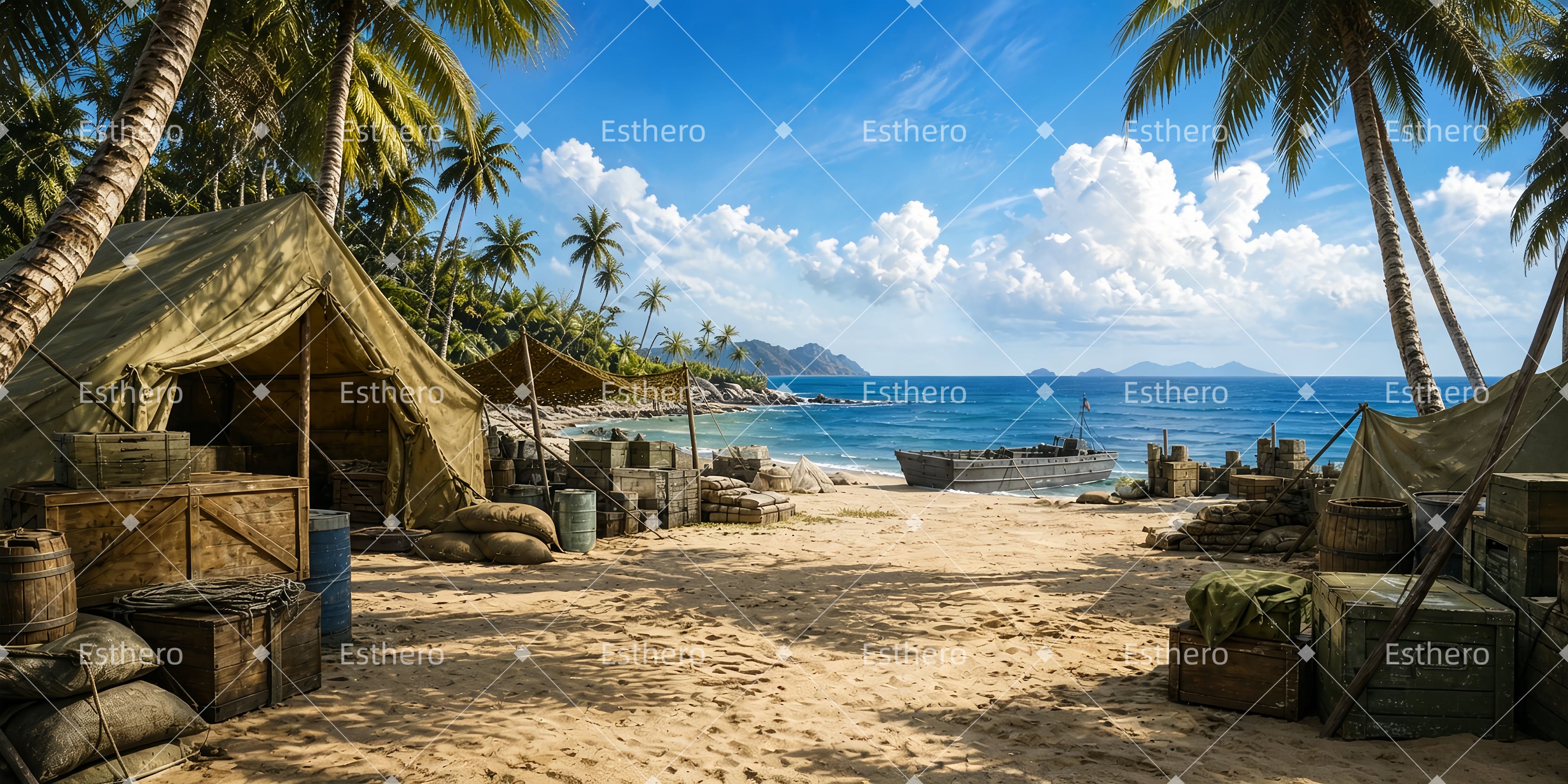 Toile de fond de campement sur la plage pour spectacle théâtral ZTT65-T69