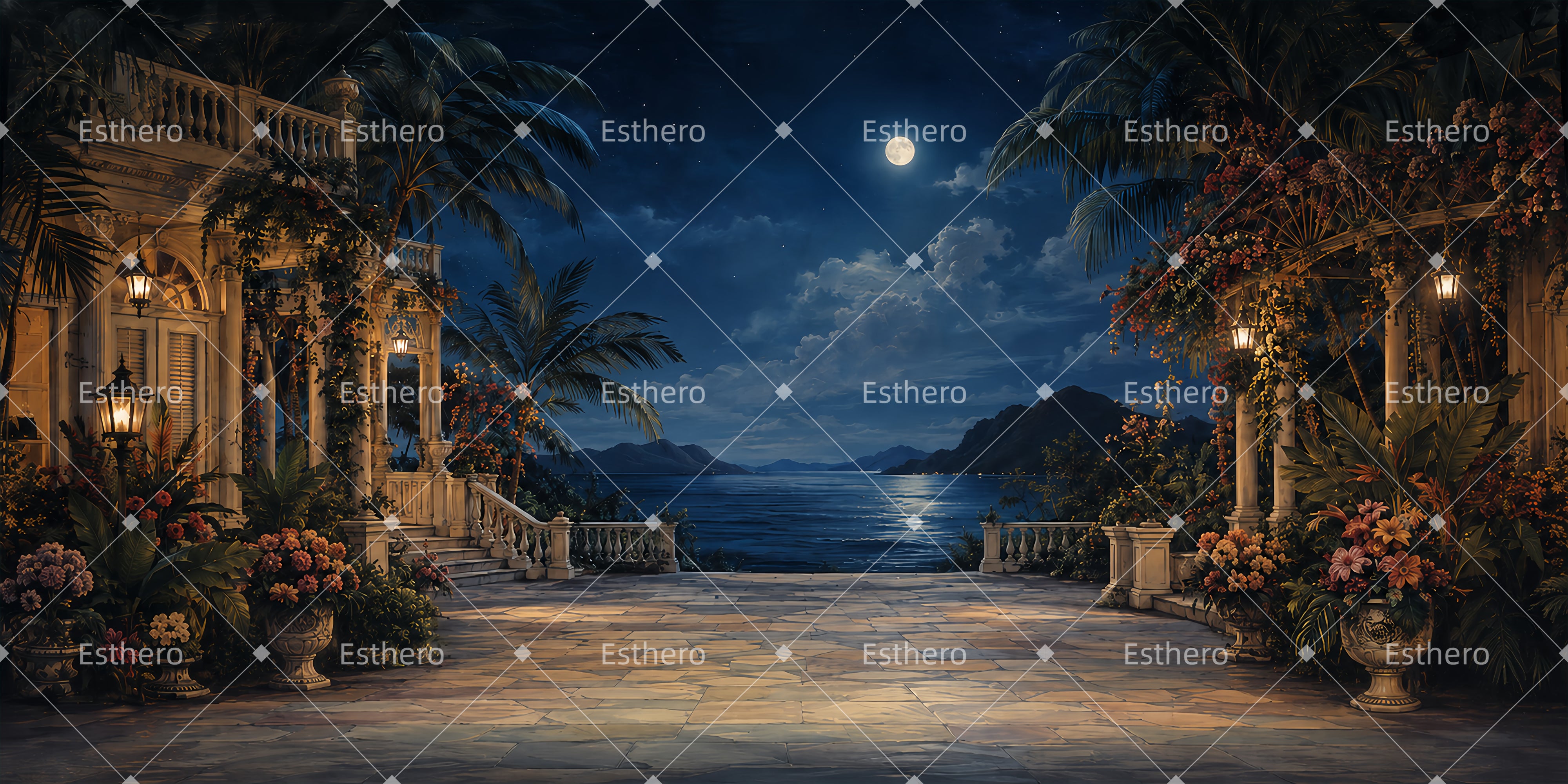 Décor de côte tropicale nocturne pour scène de théâtre ZTT65-T74