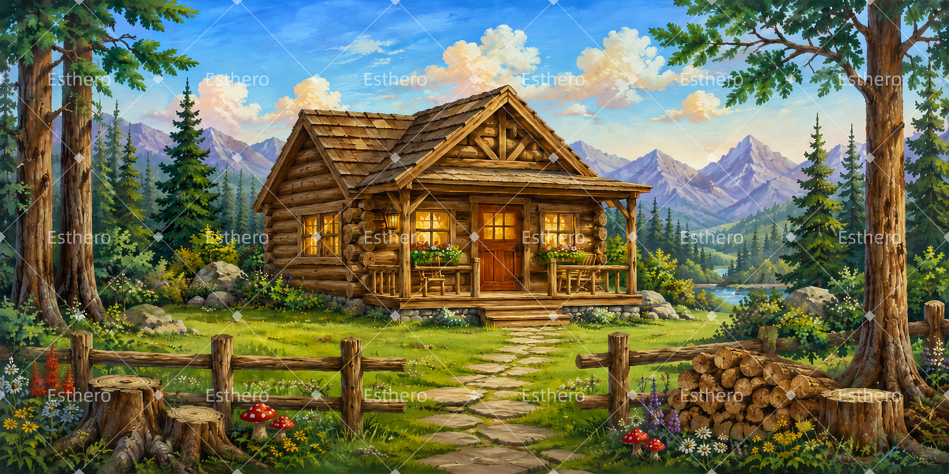 Toile de fond cabane en rondins chaleureuse décor de théâtre VBS Scuba ZTT65-T8