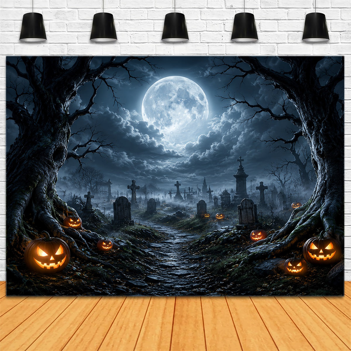 Toile De Fond En Tissu Pour Halloween Chemin De Cimetière Avec Citrouilles Au Clair De LuneDécor ZTT67-13