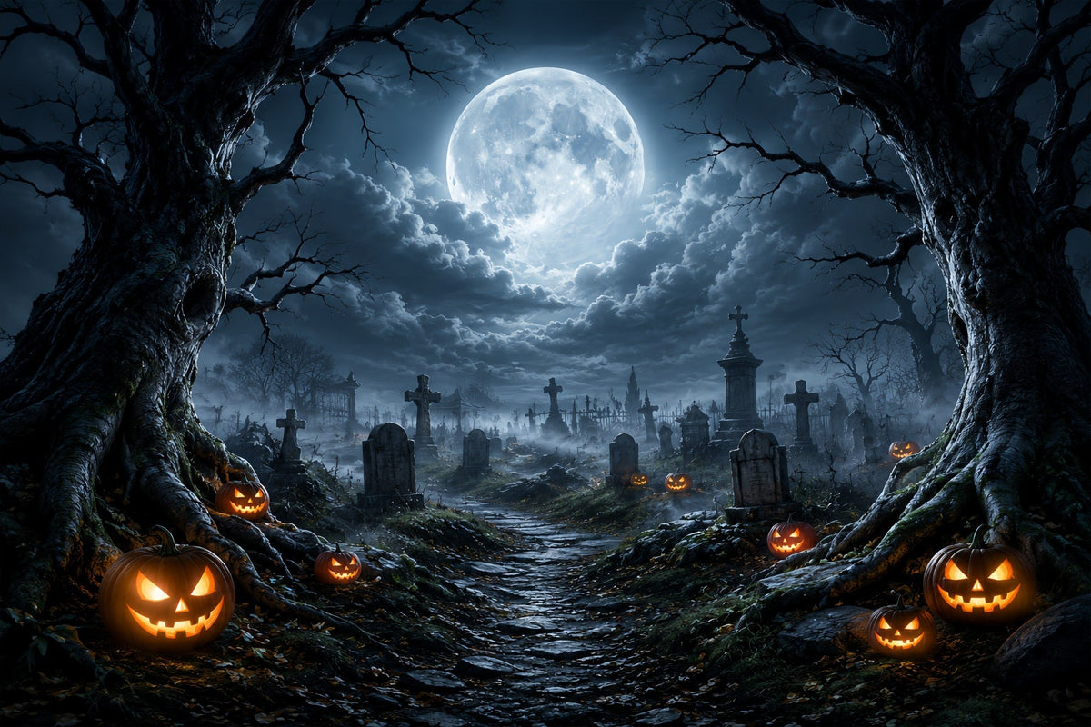 Toile De Fond En Tissu Pour Halloween Chemin De Cimetière Avec Citrouilles Au Clair De LuneDécor ZTT67-13