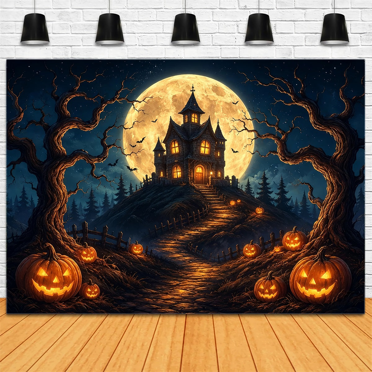 Décor Photo D'Halloween Maison Hantée Avec Citrouille Au Clair De LuneDécor À Faire Soi-Même ZTT67-20