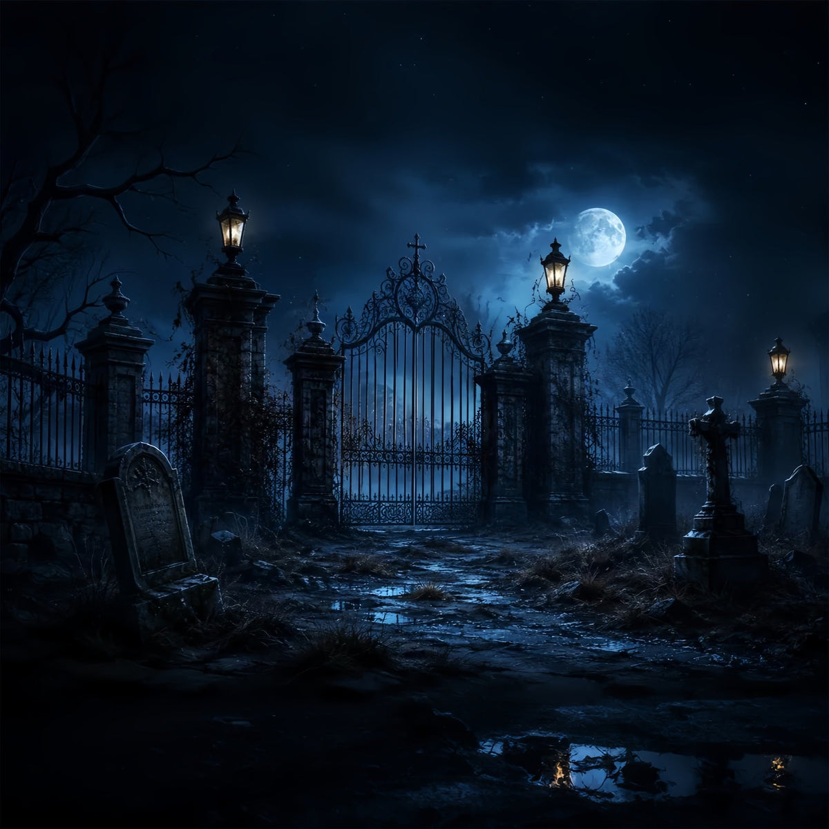 Décor De Cimetière Gothique Avec Porte Au Clair De LuneDécor D'Halloween Extérieur ZTT67-29