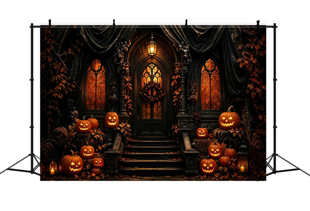 Décor De Fond Pour Halloween Entrée De Manoir Gothique Avec Citrouilles Décor De Fête D'Halloween ZTT67-30