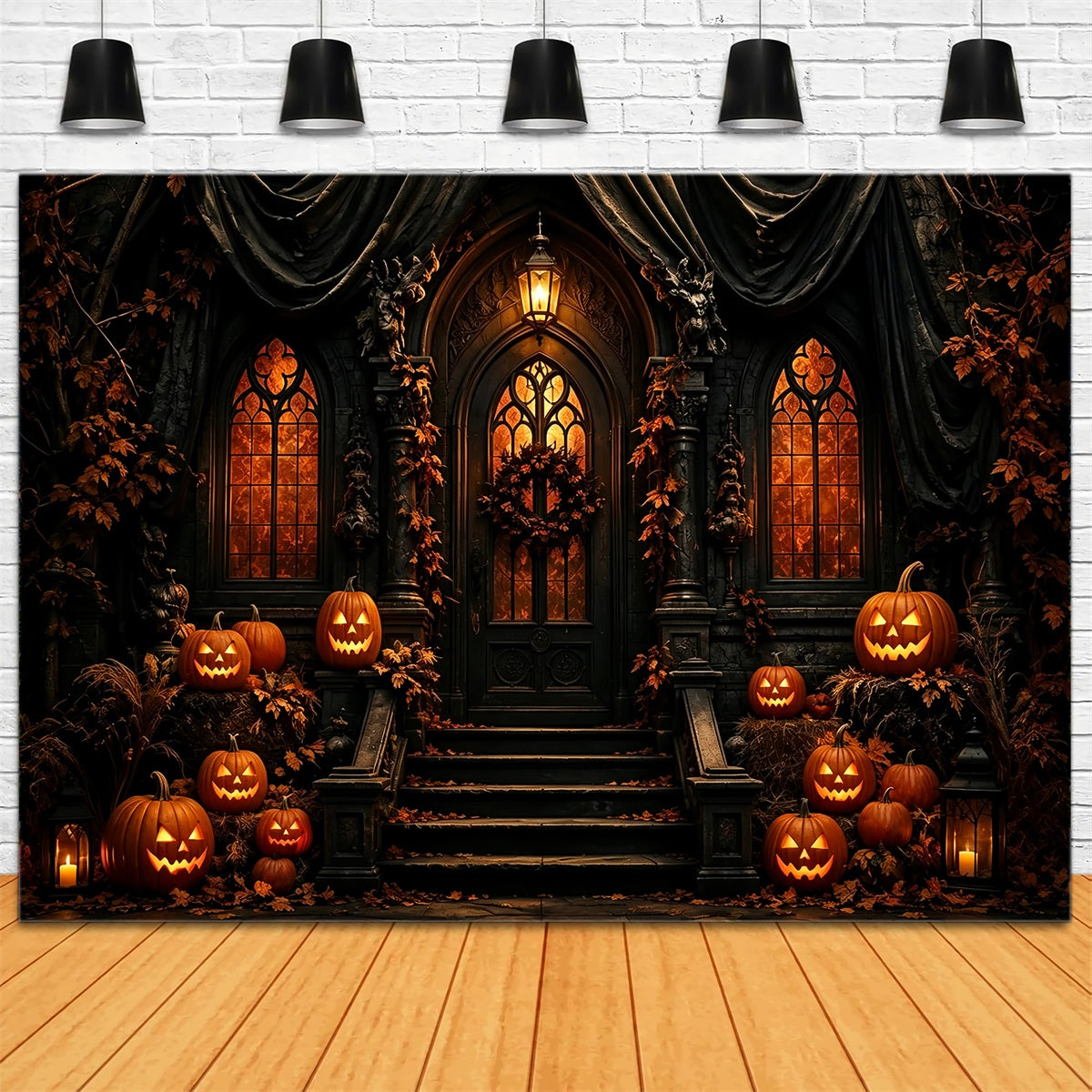 Décor De Fond Pour Halloween Entrée De Manoir Gothique Avec Citrouilles Décor De Fête D'Halloween ZTT67-30