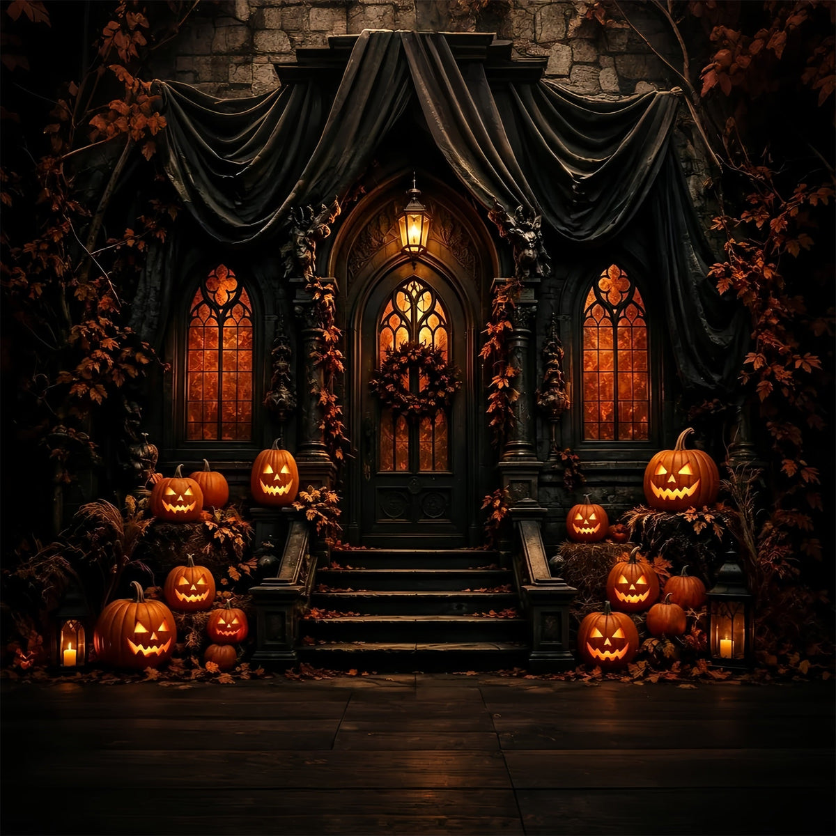 Décor De Fond Pour Halloween Entrée De Manoir Gothique Avec Citrouilles Décor De Fête D'Halloween ZTT67-30