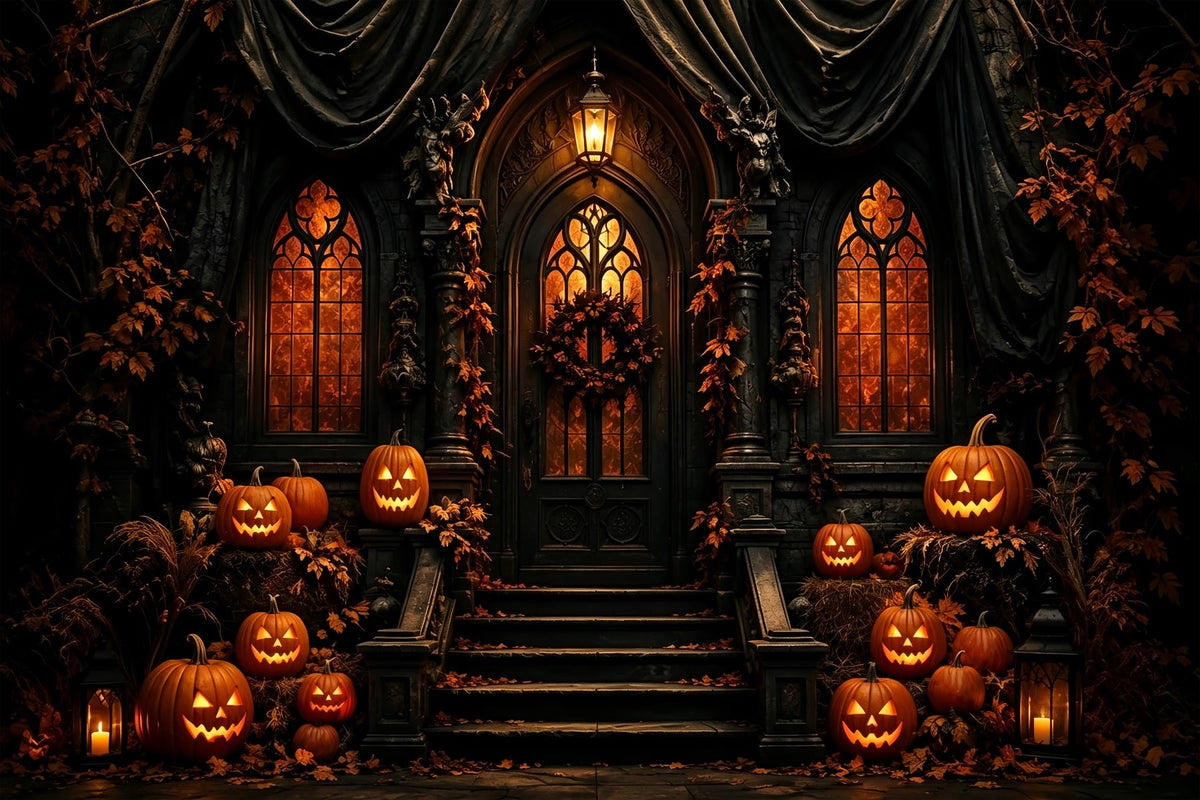 Décor De Fond Pour Halloween Entrée De Manoir Gothique Avec Citrouilles Décor De Fête D'Halloween ZTT67-30