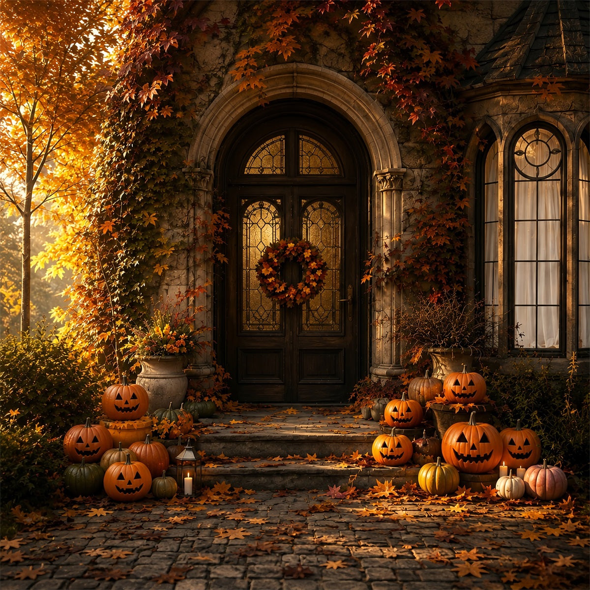 Décor Extérieur D'Halloween Porche De Manoir Avec Citrouilles D'Automne Pour Photos D'Halloween ZTT67-31