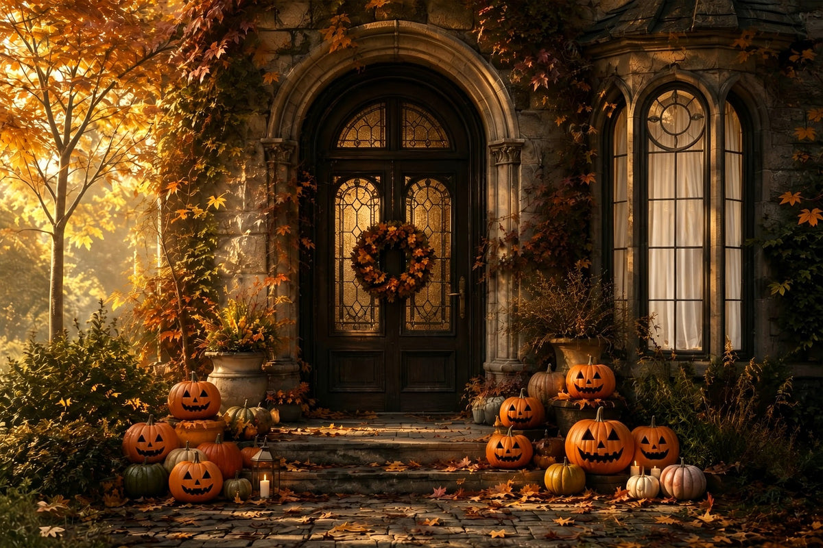 Décor Extérieur D'Halloween Porche De Manoir Avec Citrouilles D'Automne Pour Photos D'Halloween ZTT67-31