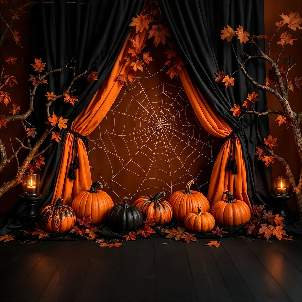 Décor De Citrouille D'Halloween Avec Toile D'Araignée OrangeIdées De Décor Photo Pour Halloween ZTT67-32