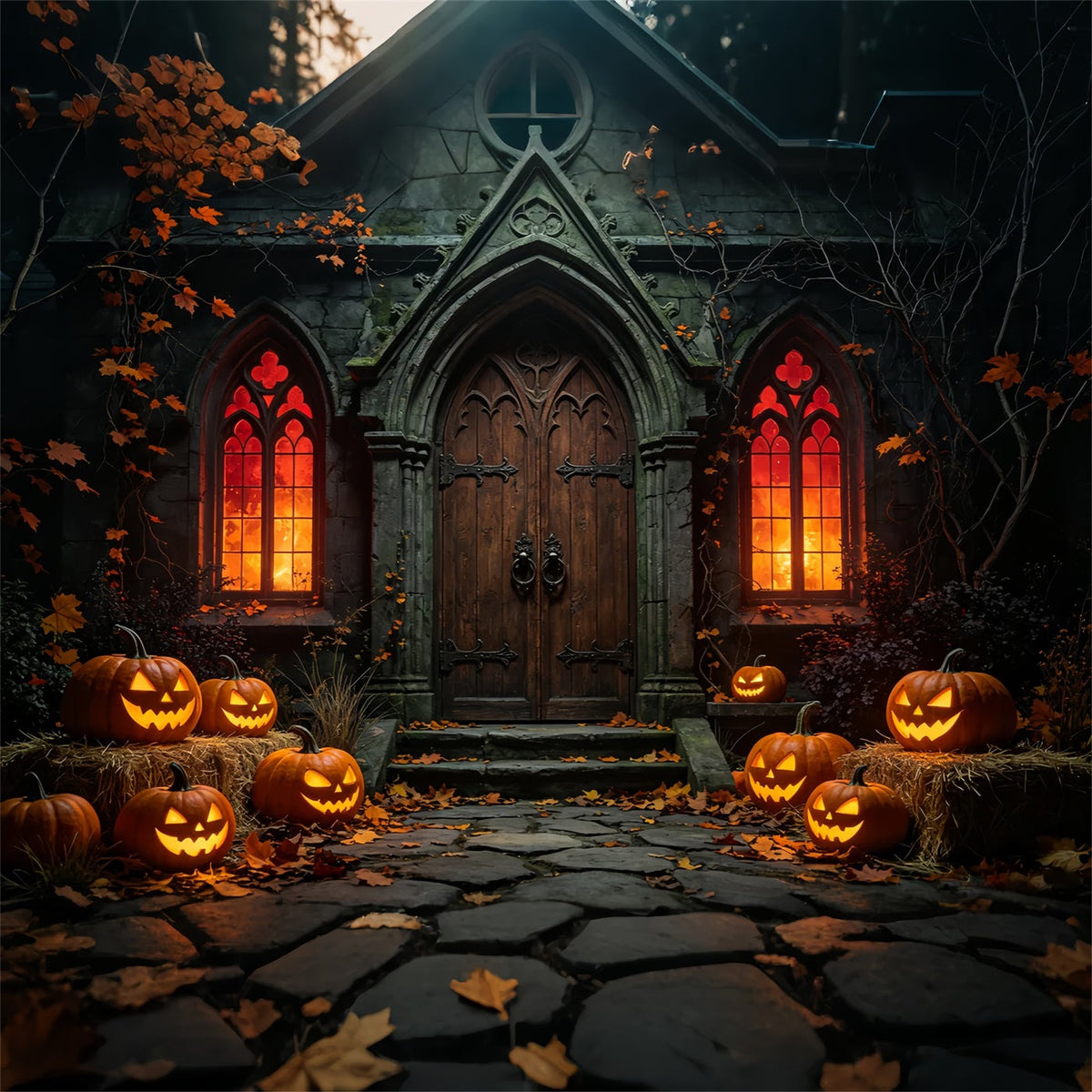 Décor De Fond D'Halloween Extérieur Gothique Citrouille Citrouille Entrée Chapelle Décor Photo Halloween ZTT67-41
