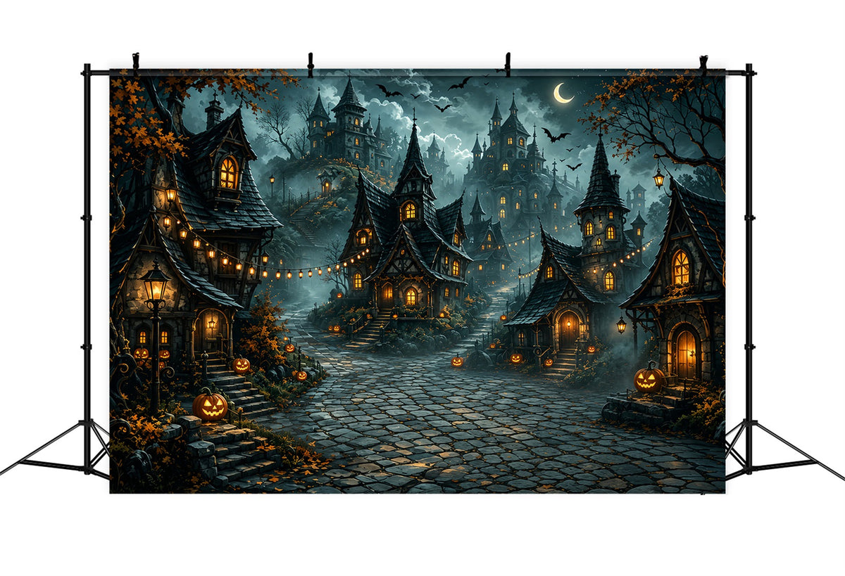 Toile De Fond D'Halloween En Tissu Motif Croissant De Lune Et Village De CitrouillesPour Photos ZTT67-49
