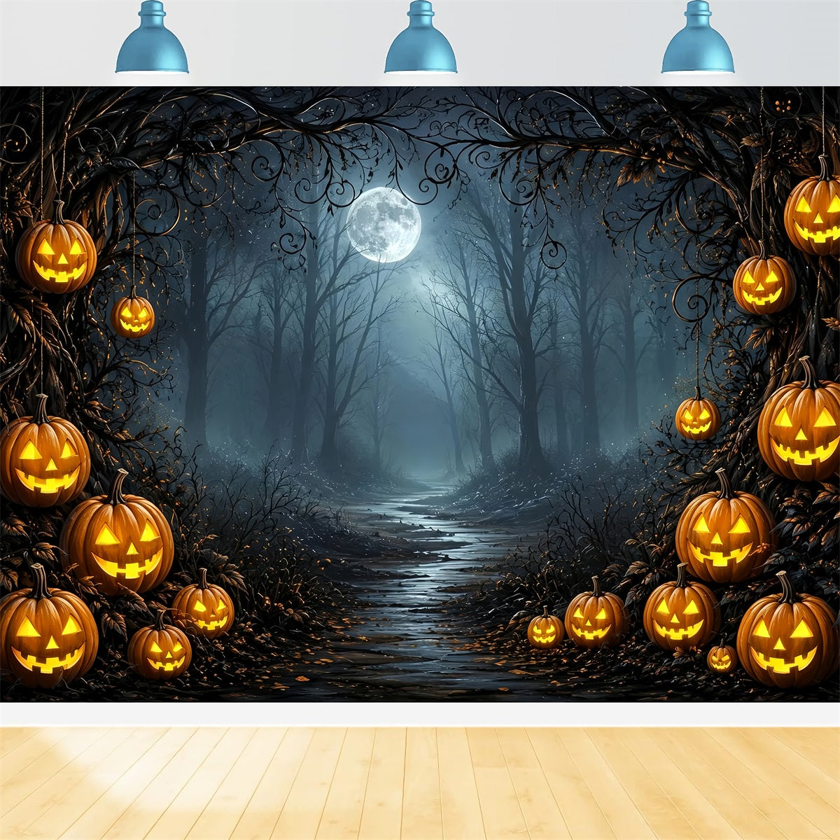 Décor De Fête D'Halloween Nuit Étoilée Chemin Forestier De Citrouilles Au Clair De LuneIdées De Décor ZTT67-51