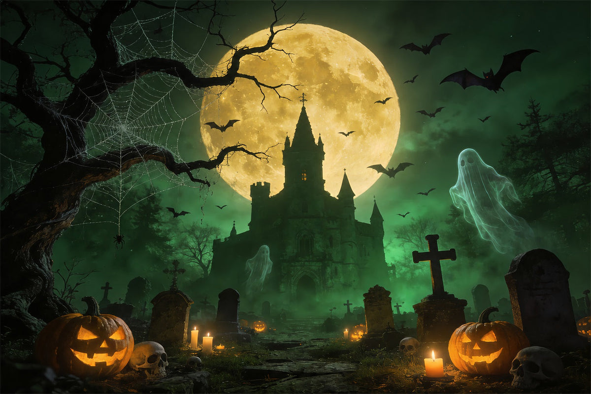 Décor De Fond Fantôme Araignée Château Hanté Cimetière Lune Halloween Pour Photos ZTT67-52