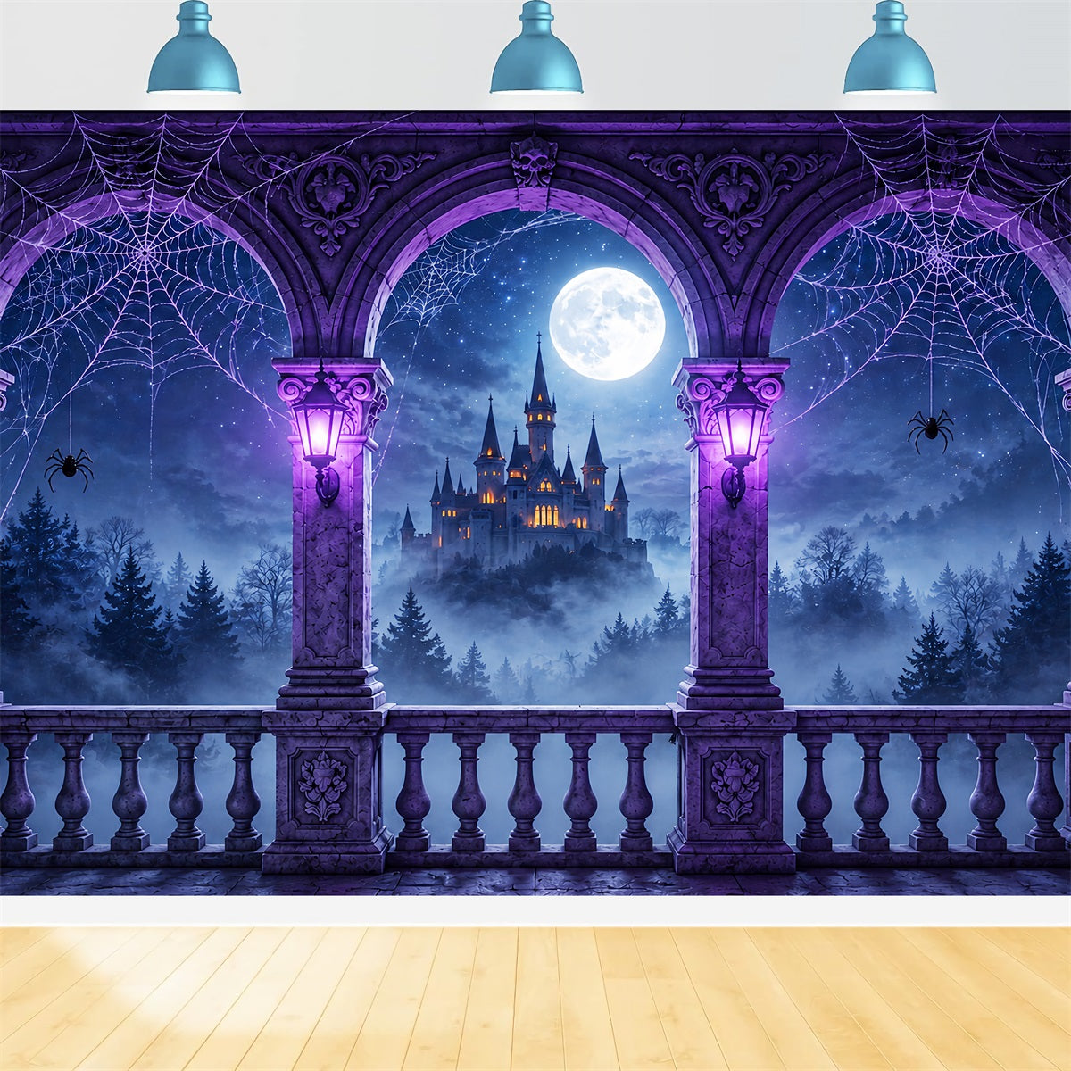 Décor De Fond Araignée VioletteToile D'Araignée Château Balcon Halloween Photographie ZTT67-54