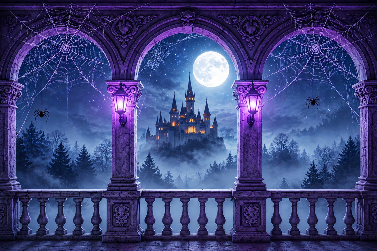 Décor De Fond Araignée VioletteToile D'Araignée Château Balcon Halloween Photographie ZTT67-54