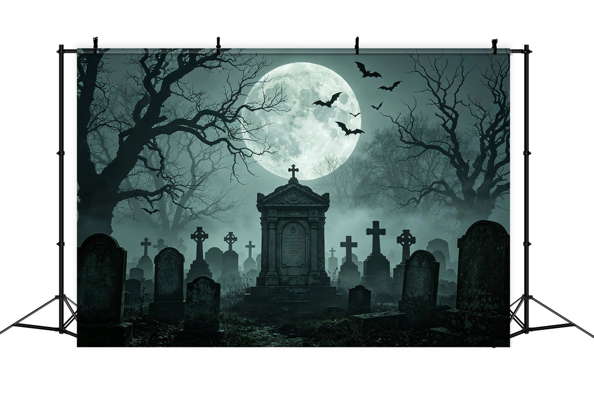 Décor De Fond D'Halloween En Tissu BallonsClair De Lune Cimetière Brumeux Et Monument ZTT67-56