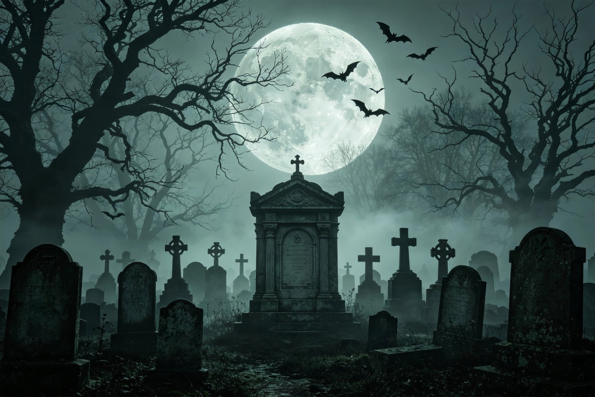 Décor De Fond D'Halloween En Tissu BallonsClair De Lune Cimetière Brumeux Et Monument ZTT67-56