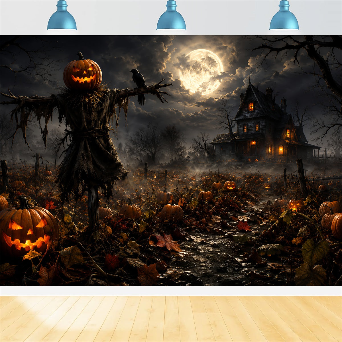 Décor De Ferme Avec Épouvantail Au Clair De Lune Champ De Citrouil les Idées De Bricolage Pour Halloween ZTT67-58