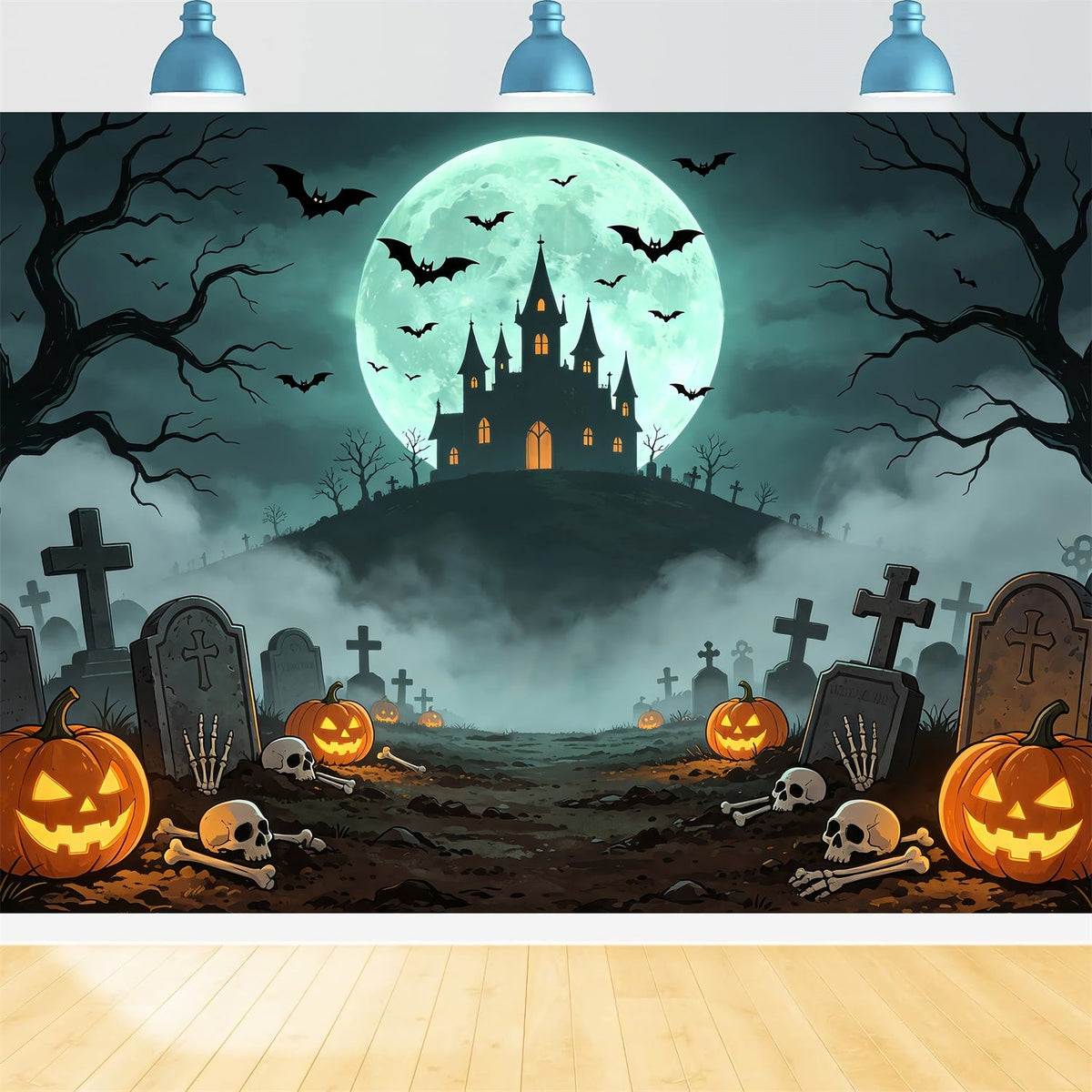 Décors De VampiresChâteau Au Clair De Lune Cimetière Chemin Décors Photo Effrayants Pour Halloween ZTT67-61