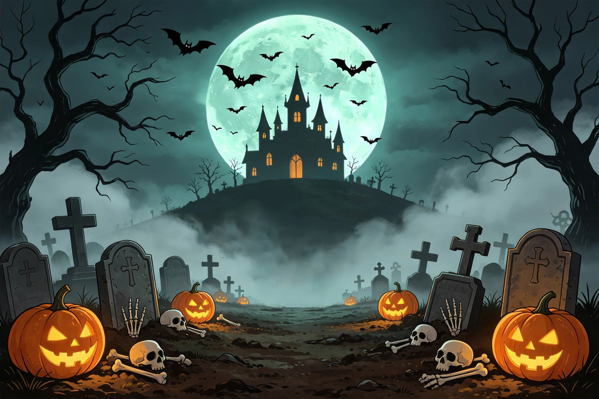 Décors De VampiresChâteau Au Clair De Lune Cimetière Chemin Décors Photo Effrayants Pour Halloween ZTT67-61